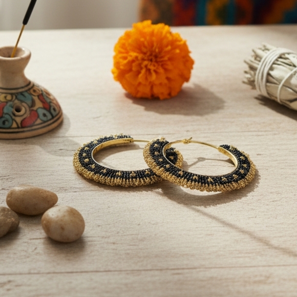 🆕️Indian Artisan Beaded Boho Chic Stylish Handmade Statement Hoop Earrings - Picture 13 of 13